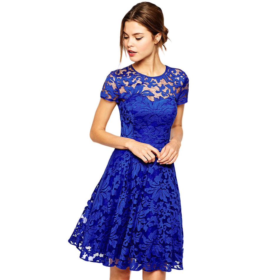 SZ60002-1 Fashion Summer Party Mini Dress Short Sleeve Blue Black Lace Dresses